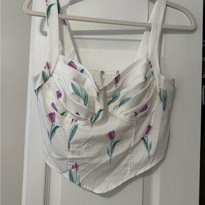 SHEIN White Floral Tulip Bustier Crop Top with Purple Print